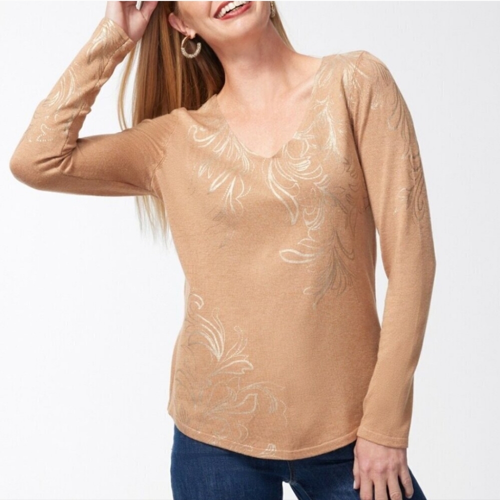 Chico's Tan Metallic Gold Foil Floral V Neck Sweater Women's Size 3 - XL
